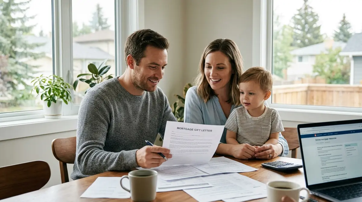 A family reviewing mortgage gift letter documents at a dining table in Calgary