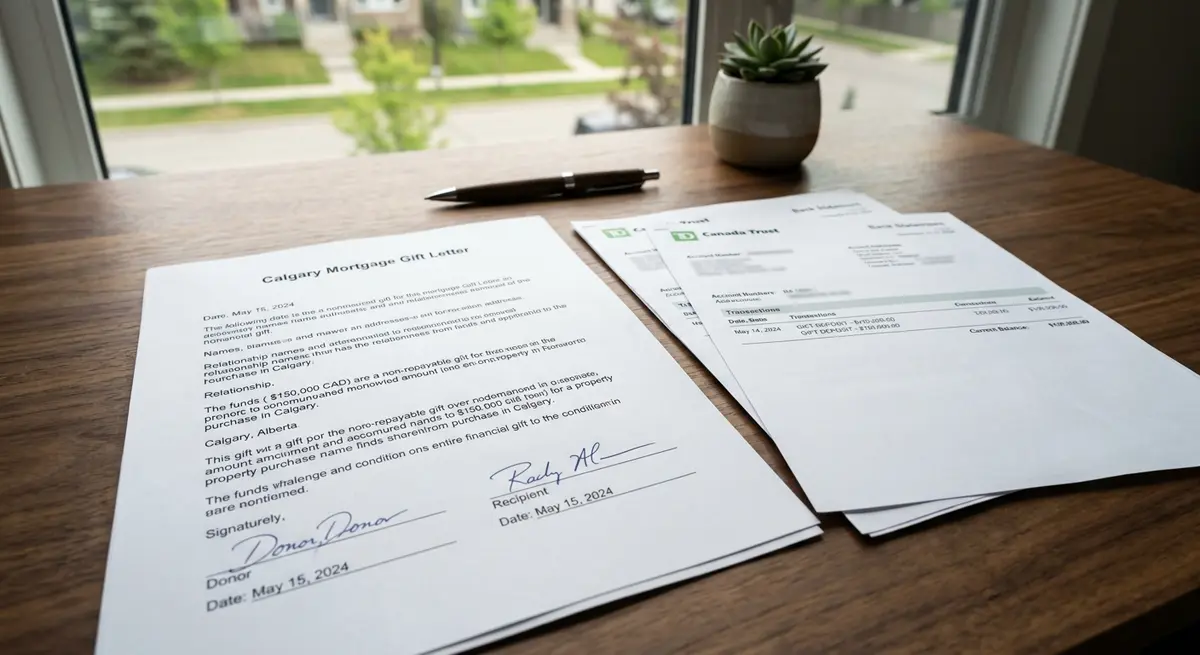Close up of a signed Calgary mortgage gift letter and bank statements