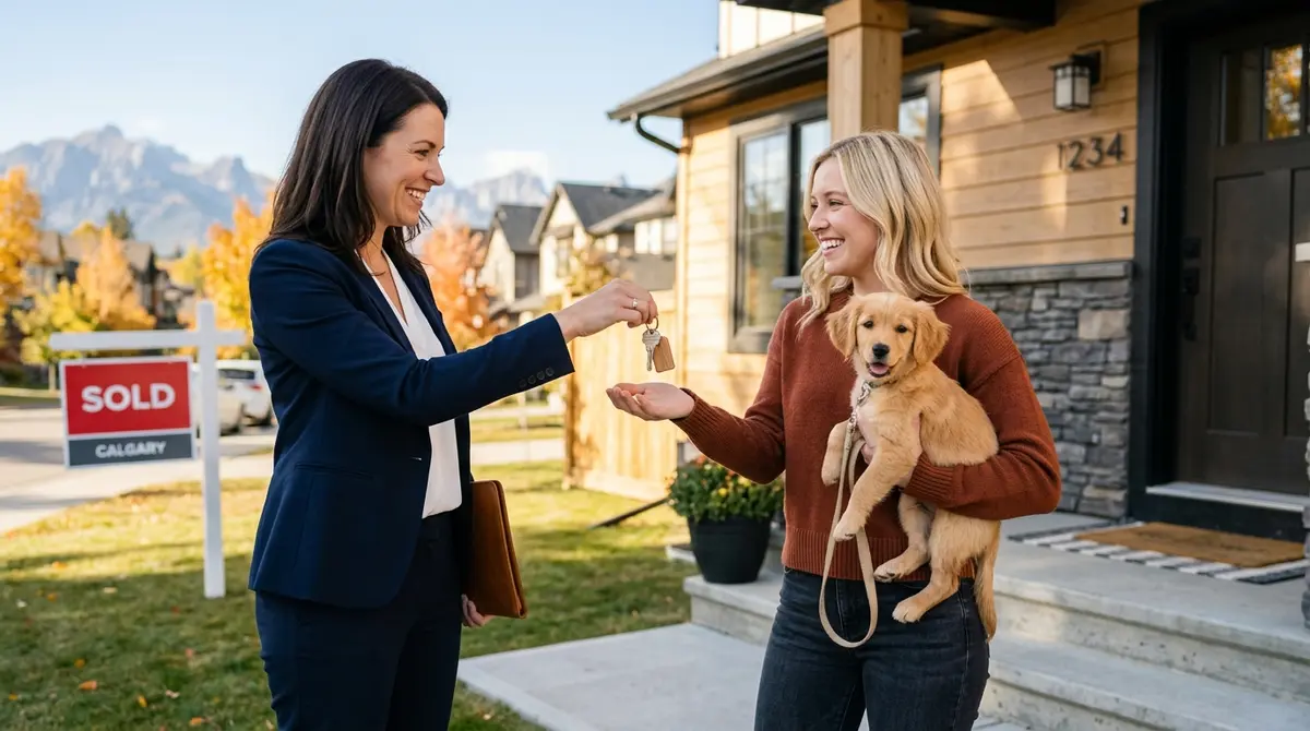 Real estate agent handing keys to a new homeowner in Alberta after successful mortgage funding