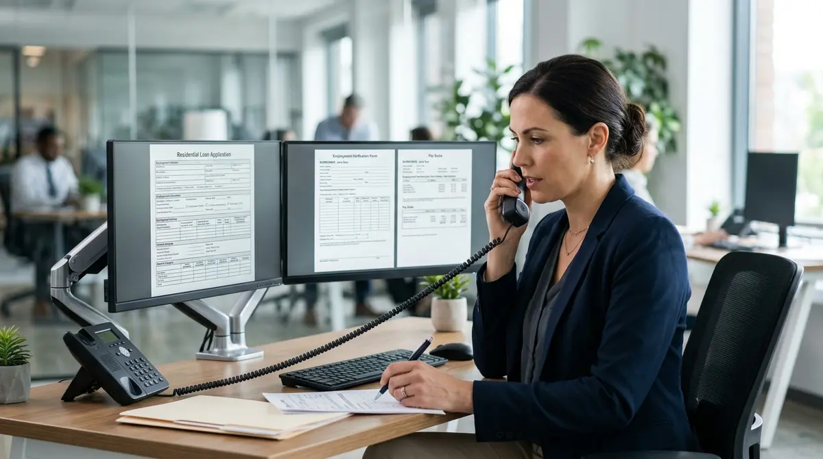 Mortgage underwriter reviewing employment documents on a dual-monitor setup while making a verification phone call