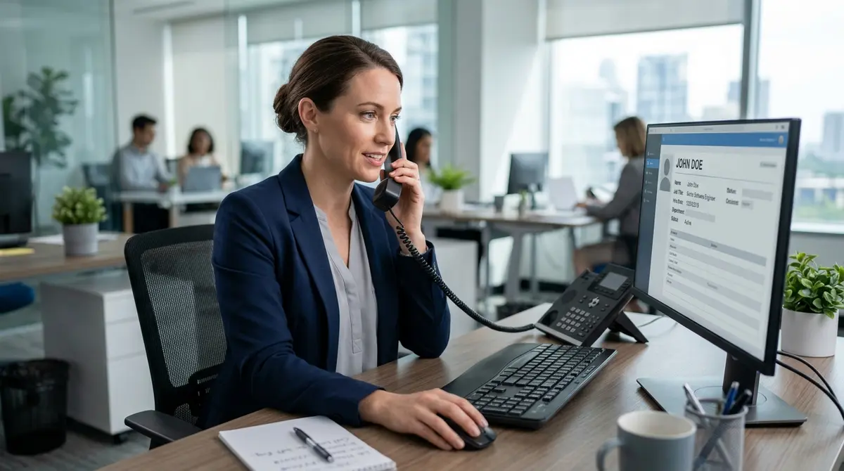 Human resources professional answering a corporate phone to verify an employee's job title and tenure