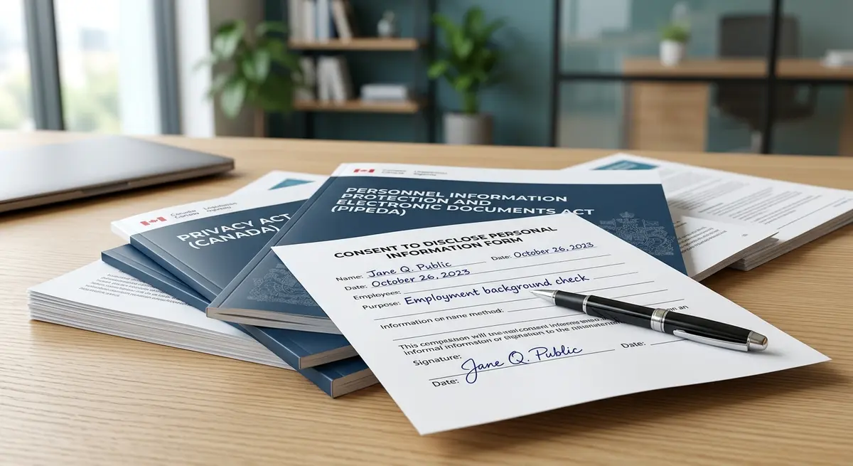 Signed consent to disclose personal information form resting on top of Canadian privacy legislation documents