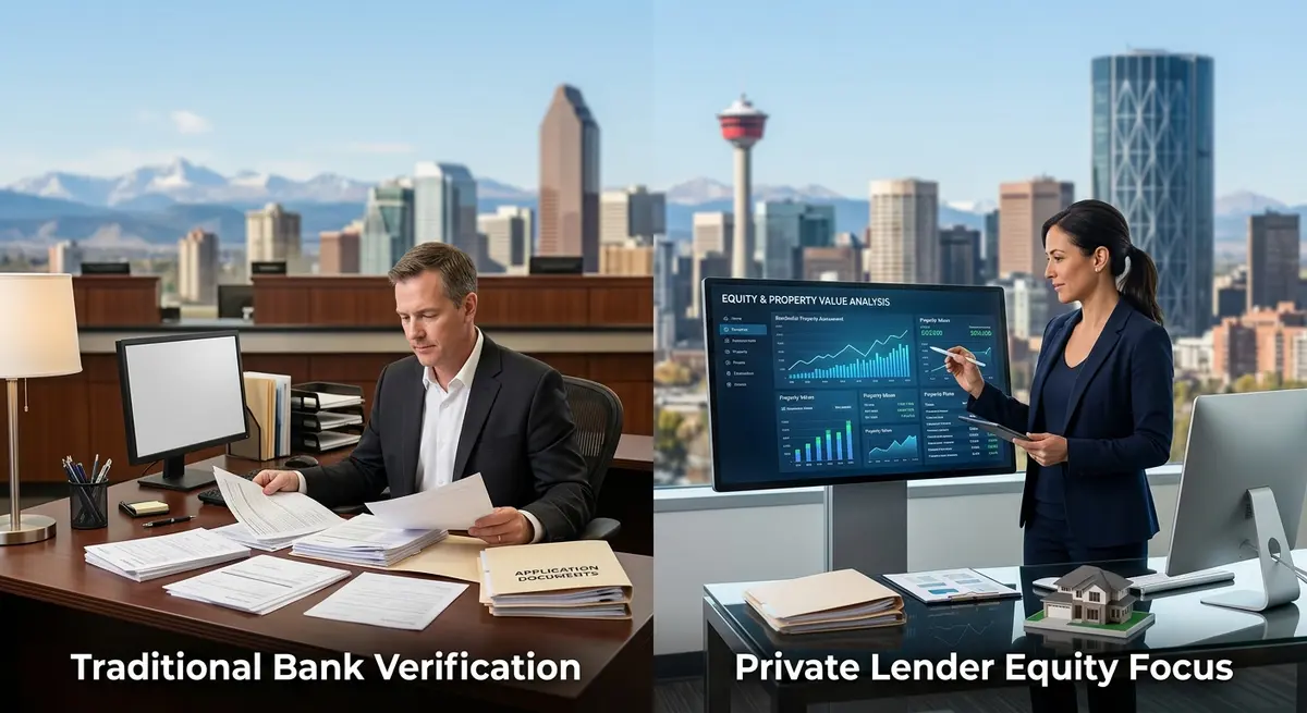 Comparison of traditional bank verification versus private lender equity focus in Calgary