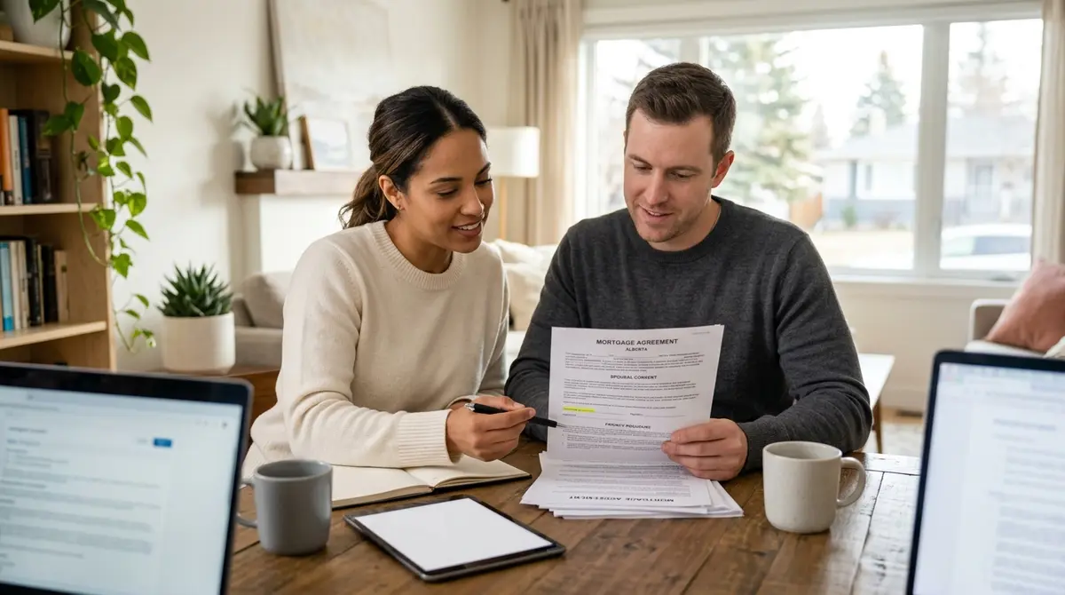 A couple reviewing mortgage documents highlighting spousal consent and privacy laws in Alberta