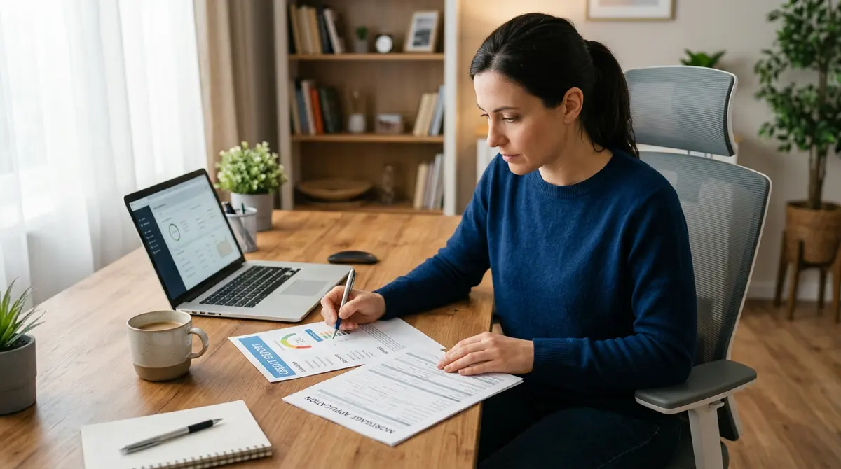 A homeowner reviewing their credit report and mortgage application documents at a desk
