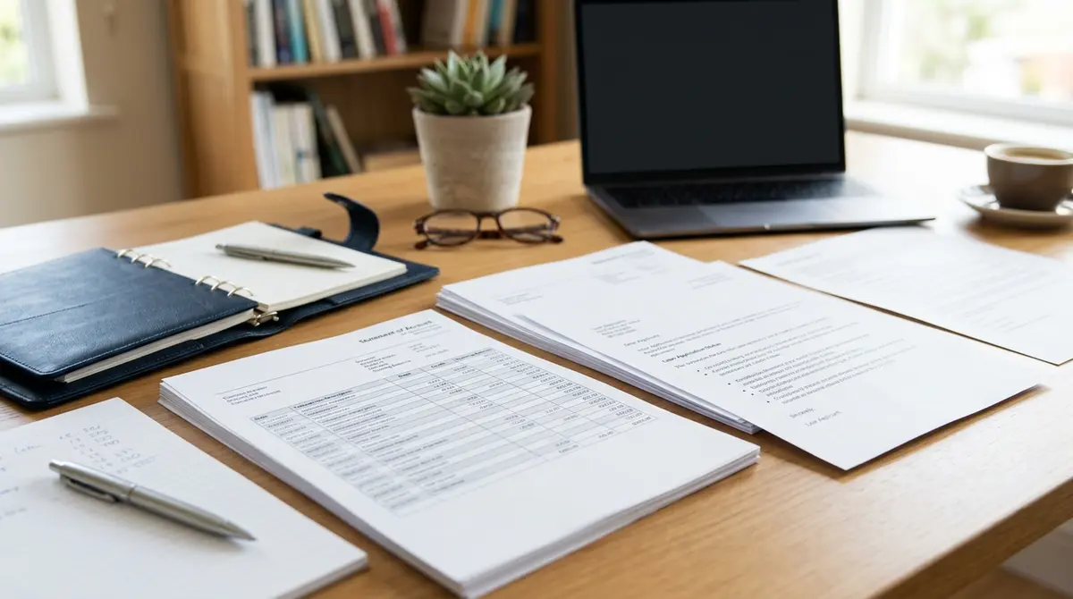 Organized financial documents including rejection letters and bank statements for mortgage underwriting