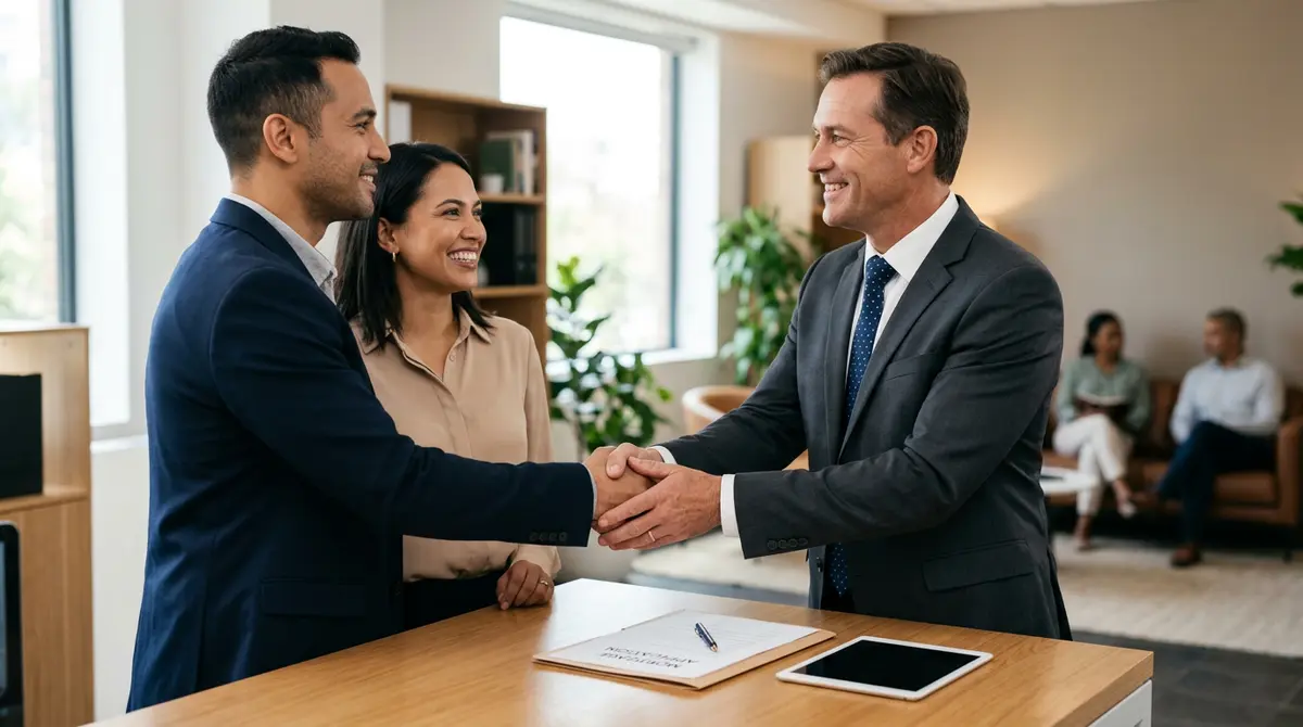A couple shaking hands with a mortgage broker after successfully explaining their credit history