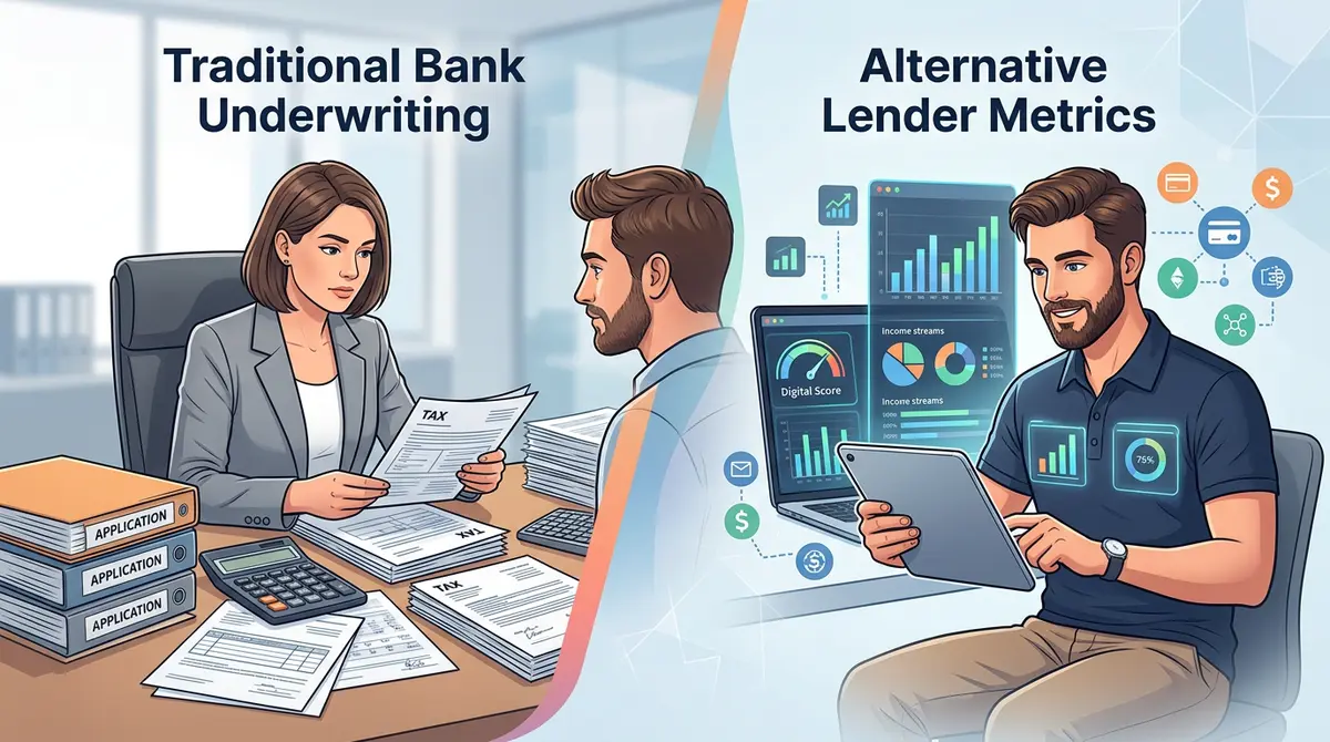 Comparison of traditional bank underwriting versus alternative lender metrics for self-employed borrowers