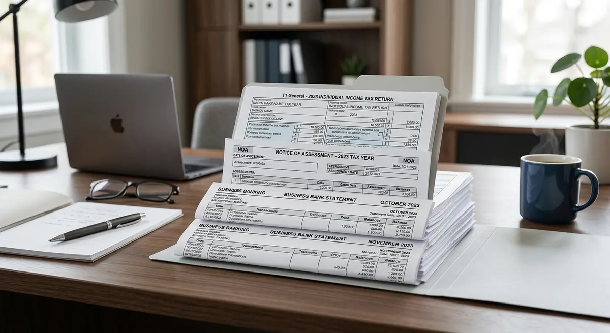 Organized stack of financial documents including T1 Generals, NOAs, and business bank statements