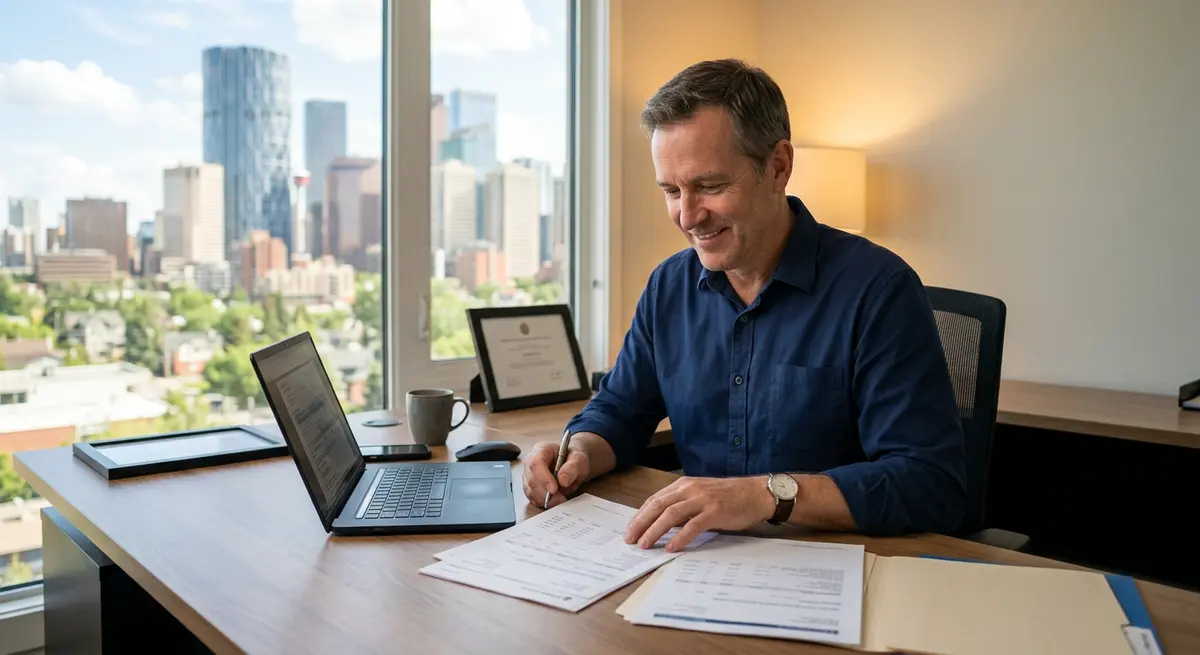 Calgary business owner reviewing bank statements for a stated income second mortgage application