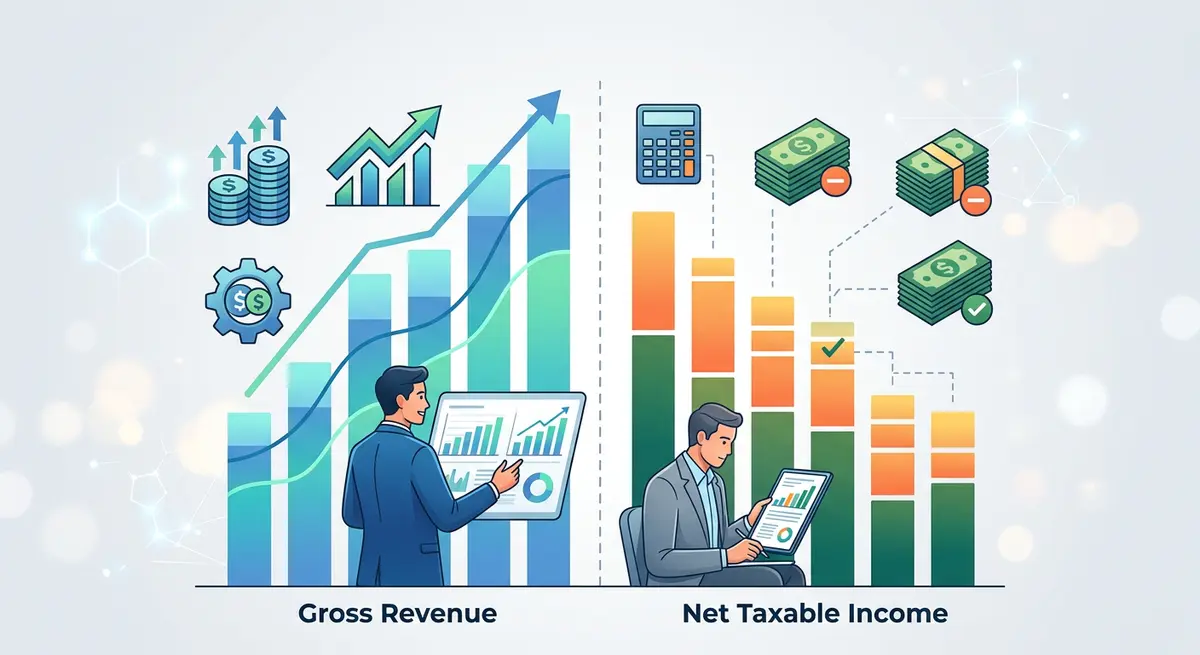 Comparison chart showing net taxable income versus gross revenue for alternative lending