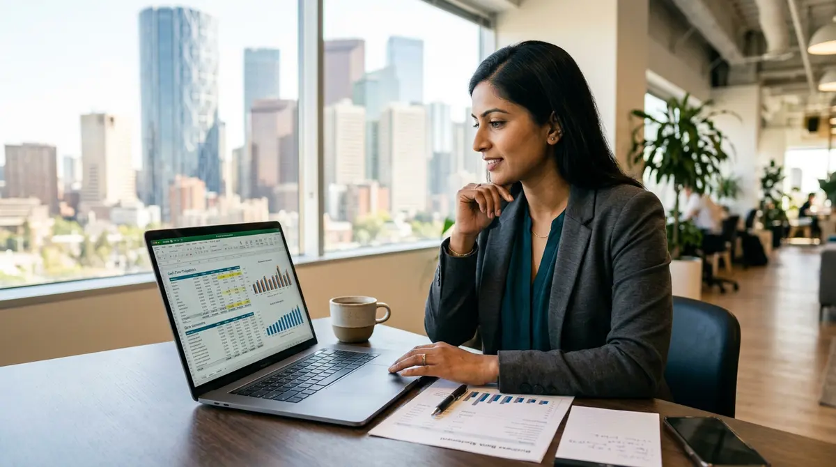 Calgary entrepreneur reviewing business bank statements and cash flow projections on a laptop