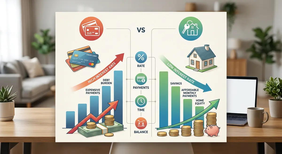 Comparison chart showing high interest credit card debt versus lower interest alternative mortgage financing