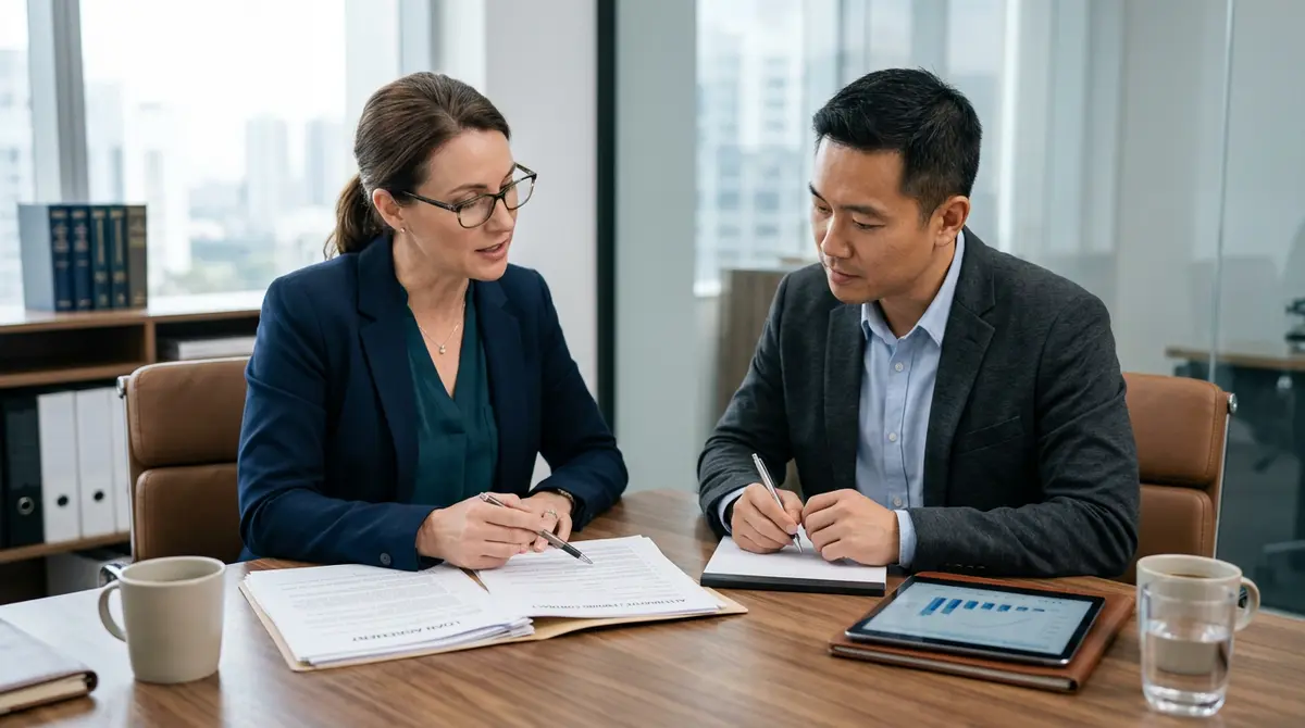 Real estate lawyer reviewing alternative lending contracts with a self-employed client