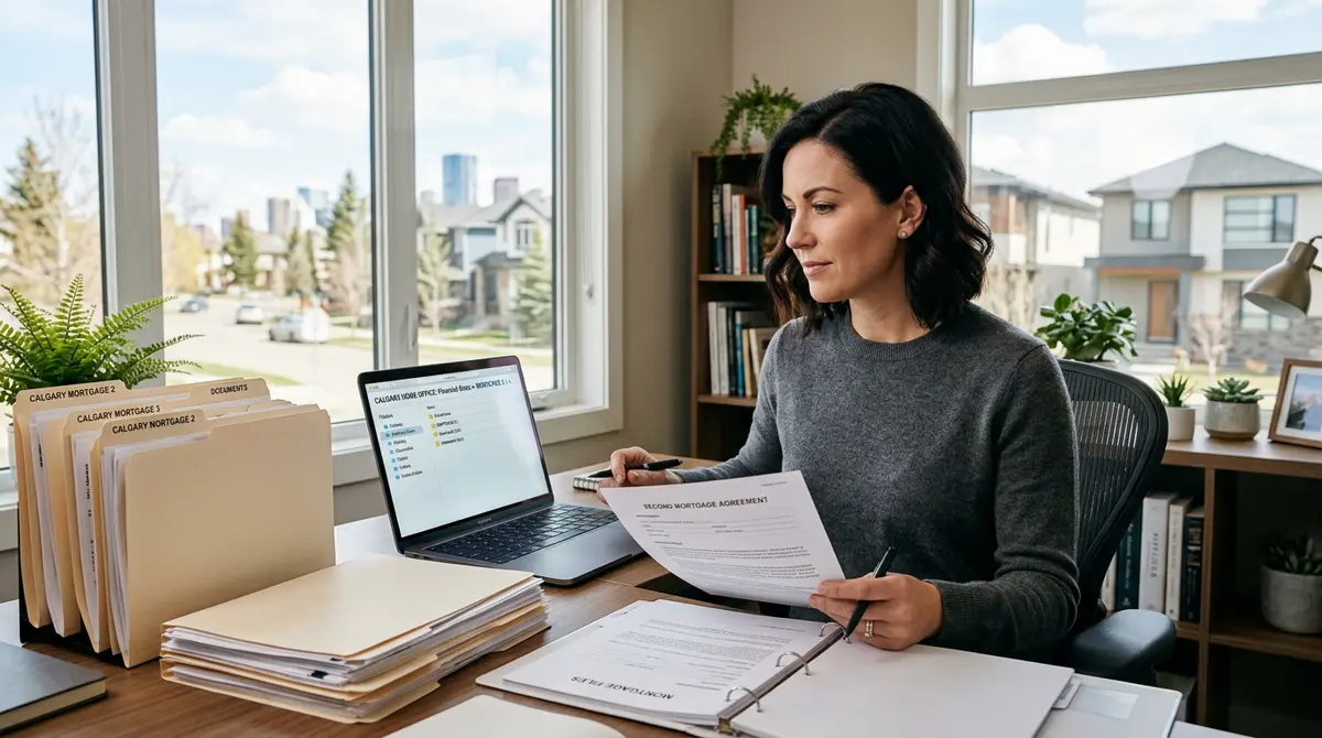 Calgary homeowner organizing physical and digital second mortgage documents in a home office