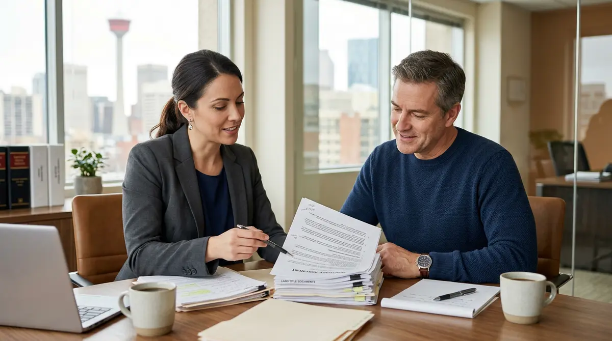 Real estate lawyer reviewing recovered mortgage documents with a Calgary homeowner