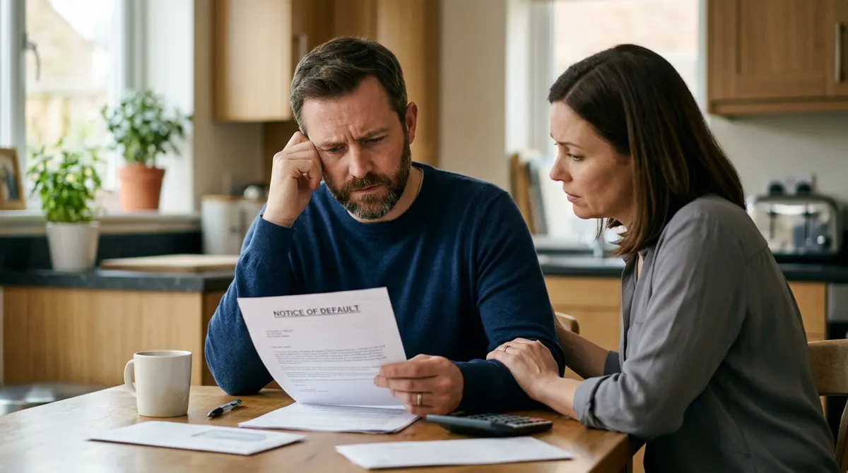 A homeowner reviewing a Notice of Default letter at their kitchen table