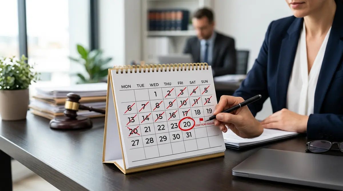 A calendar highlighting a strict 20-day legal deadline for filing court documents