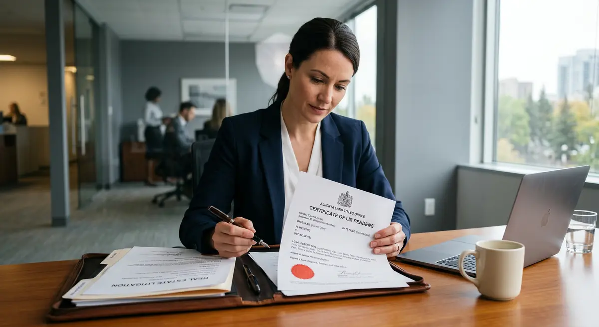 Legal documents showing a Certificate of Lis Pendens filed at the Alberta Land Titles Office