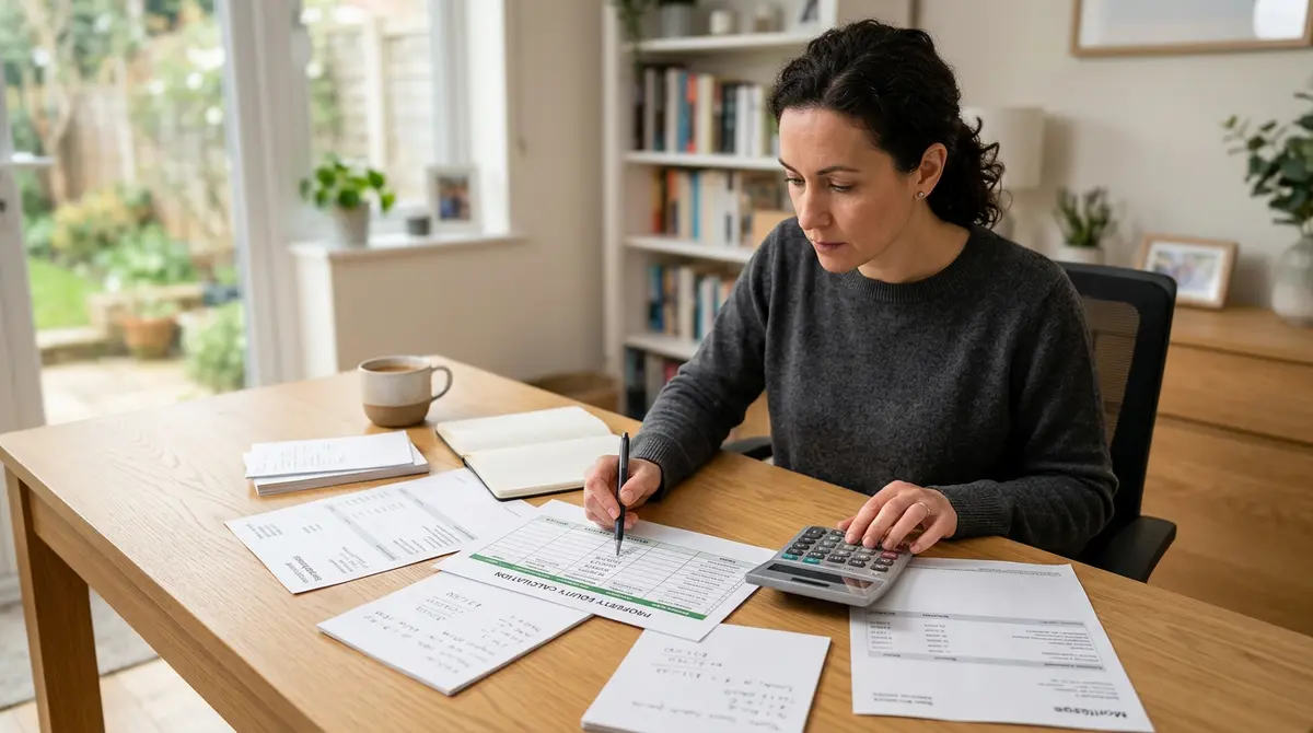 A homeowner reviewing financial documents and calculating property equity to discharge a lis pendens