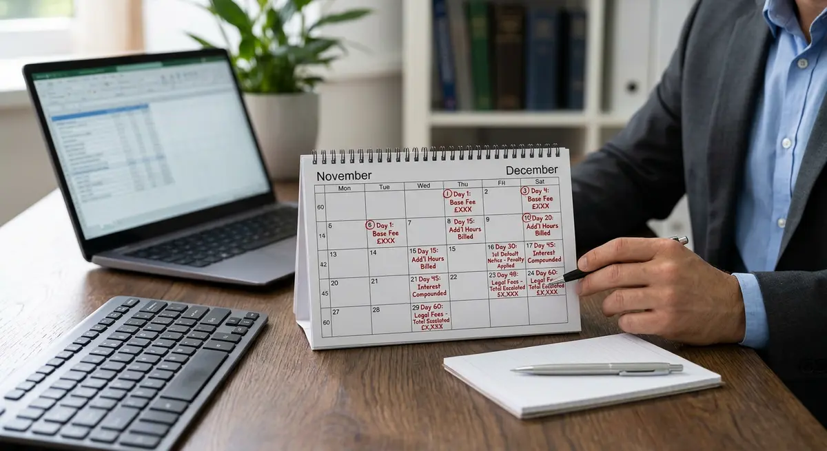 A calendar showing compounding legal fees and default interest rates over a 60-day period