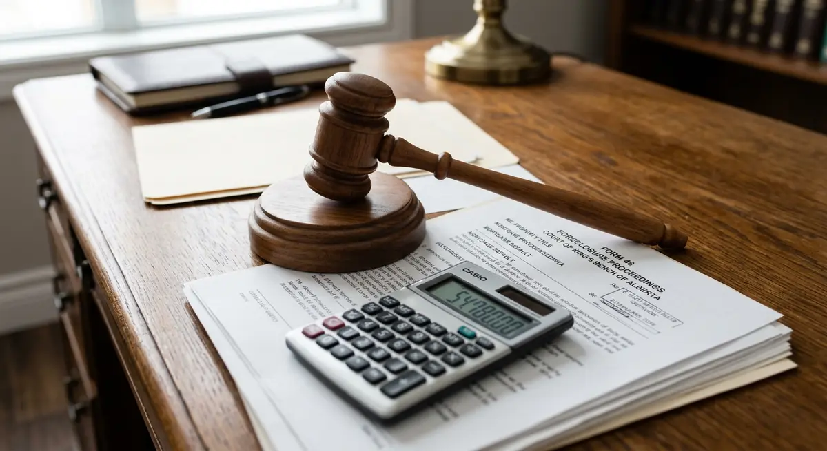 A judge's gavel resting on Alberta real estate foreclosure documents and a calculator