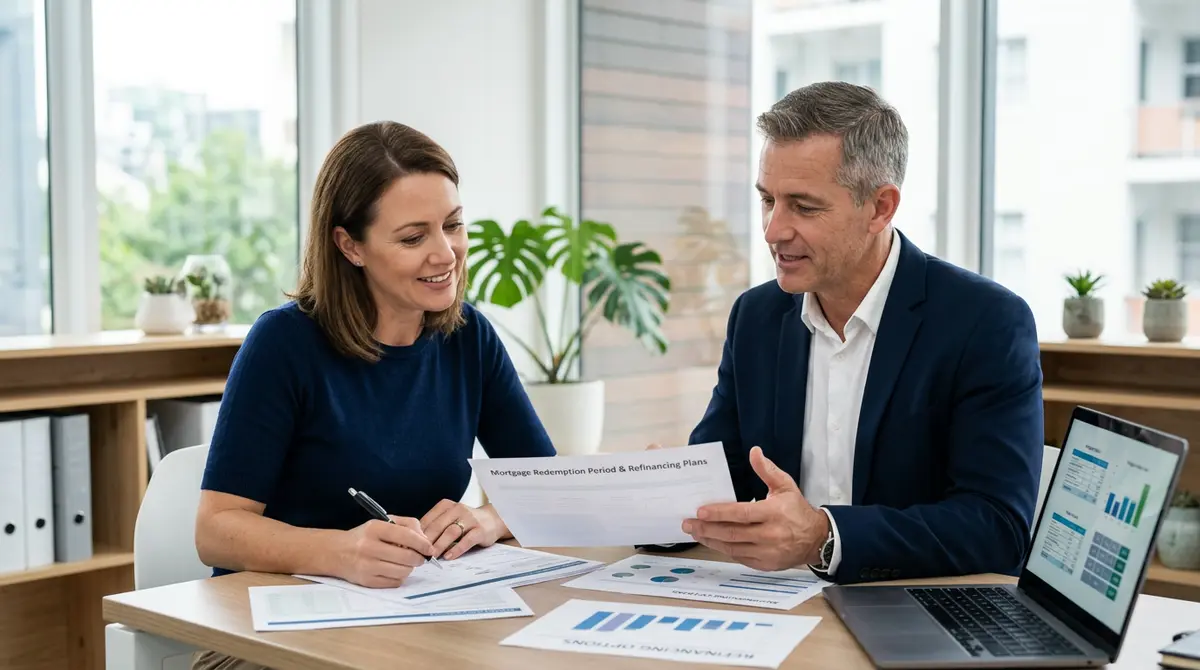 Homeowner reviewing mortgage refinancing options with a financial advisor during a redemption period