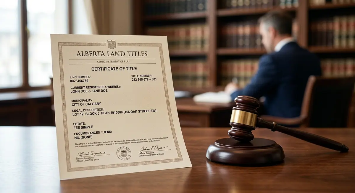 A legal document showing a clear Alberta land title certificate next to a gavel