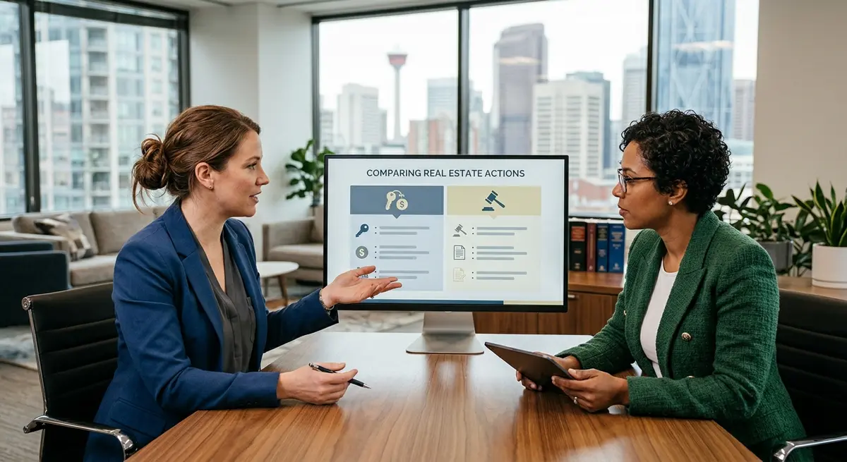 Side-by-side comparison chart of foreclosure versus quiet title actions in a modern Calgary law office