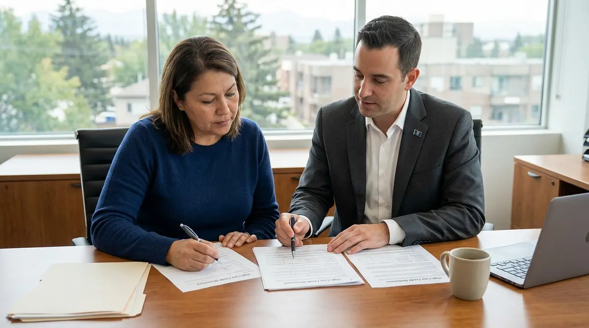 A homeowner reviewing high-cost credit disclosure documents with a legal professional in Alberta