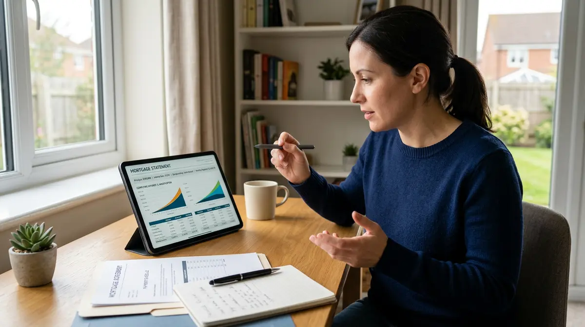 A homeowner reviewing mortgage documents and compounding frequency calculations on a tablet