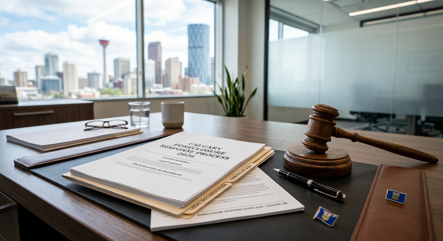 Legal documents and a gavel representing the Calgary foreclosure response process in 2026