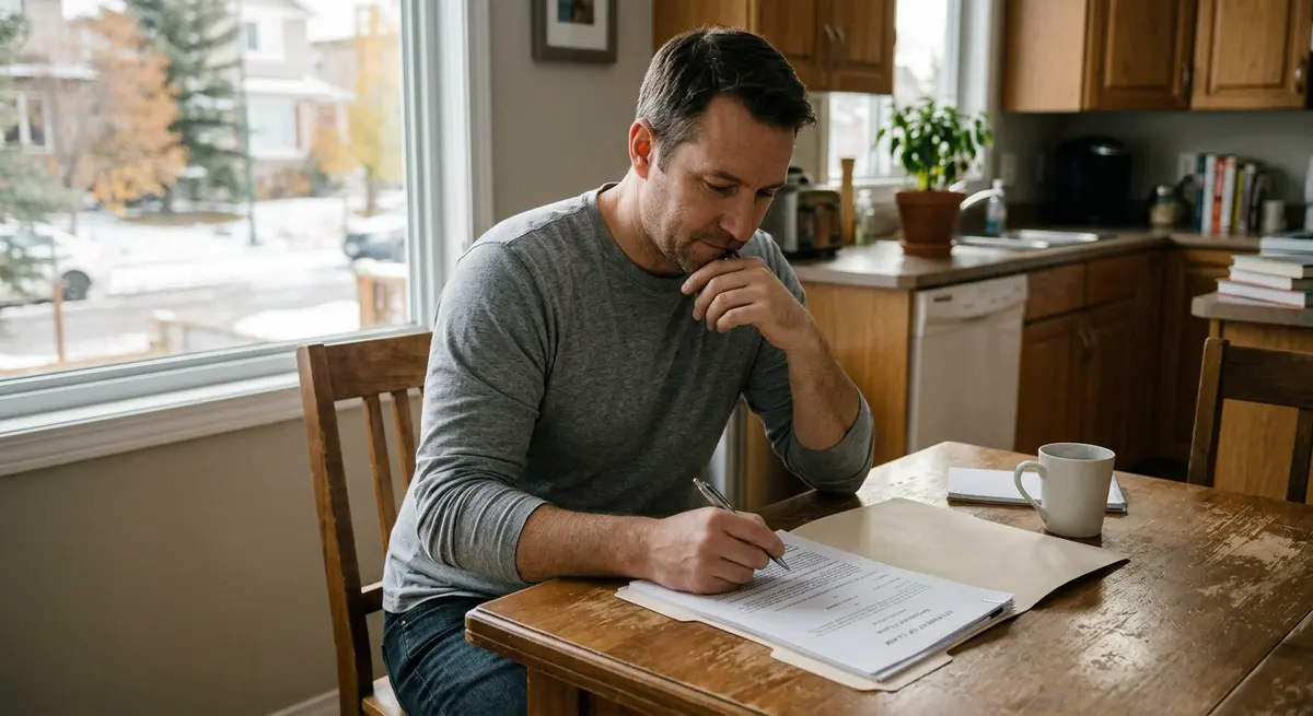 A Calgary homeowner reviewing a foreclosure Statement of Claim document at their kitchen table
