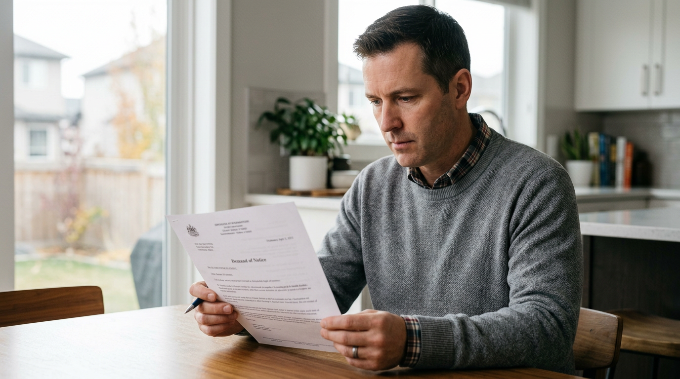 A Calgary homeowner reviewing a Demand of Notice form before the 20-day court deadline