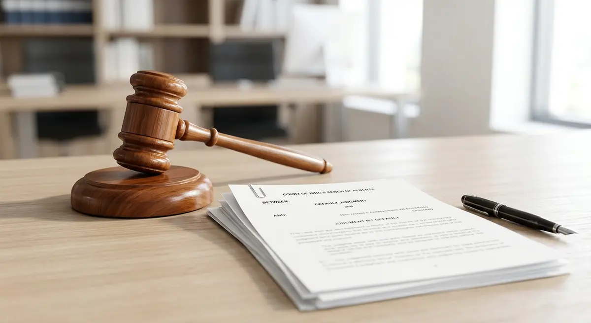 A gavel and legal documents representing an Alberta Court of King's Bench default judgment
