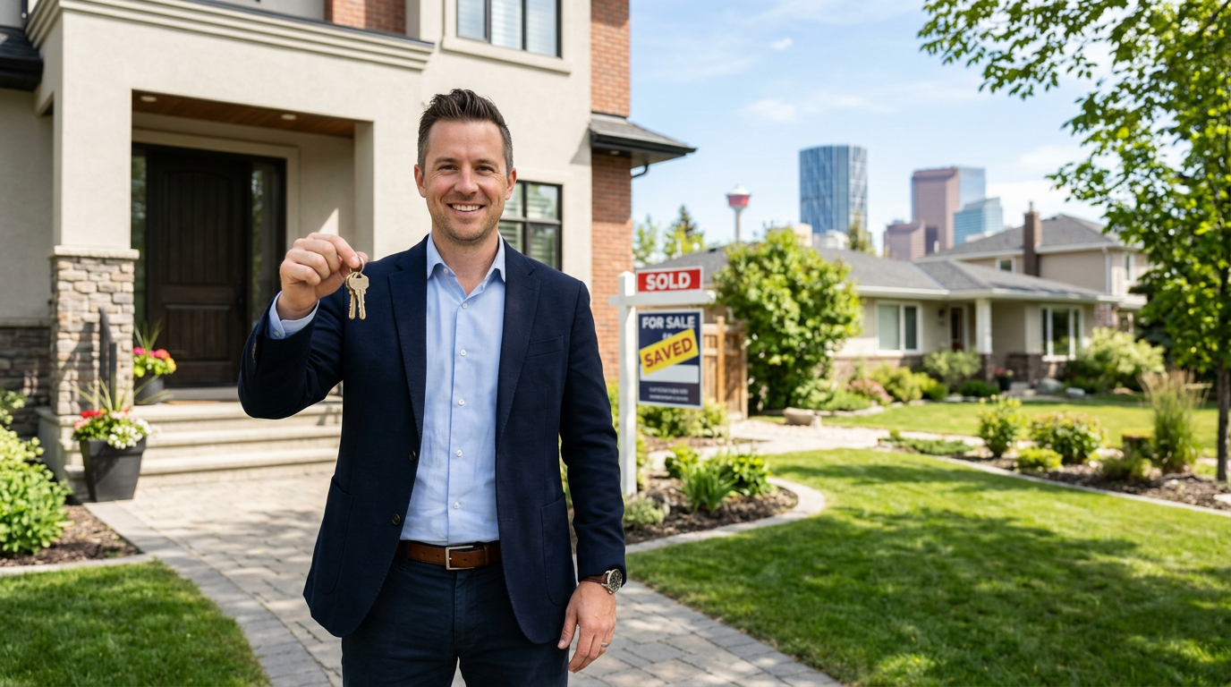 A successful Calgary homeowner holding the keys to their saved property after stopping a foreclosure lawsuit