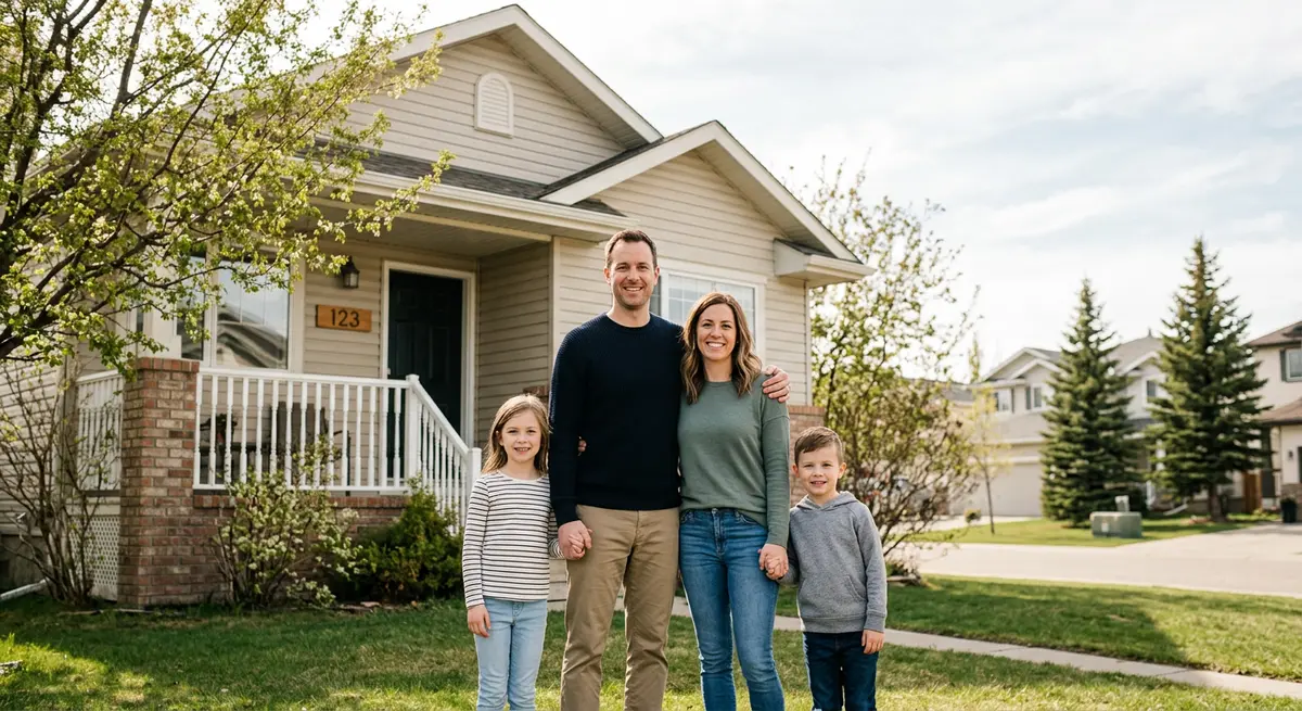 A Calgary family standing in front of their home after successfully stopping a foreclosure lawsuit