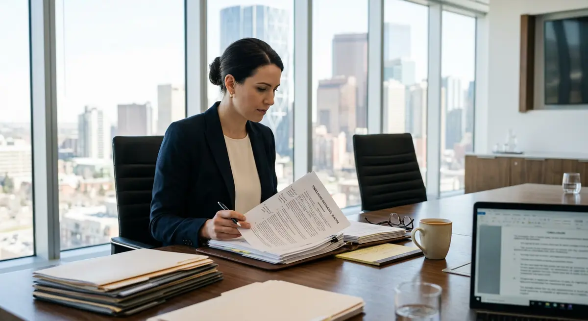 A legal professional reviewing foreclosure documents in an Alberta boardroom setting