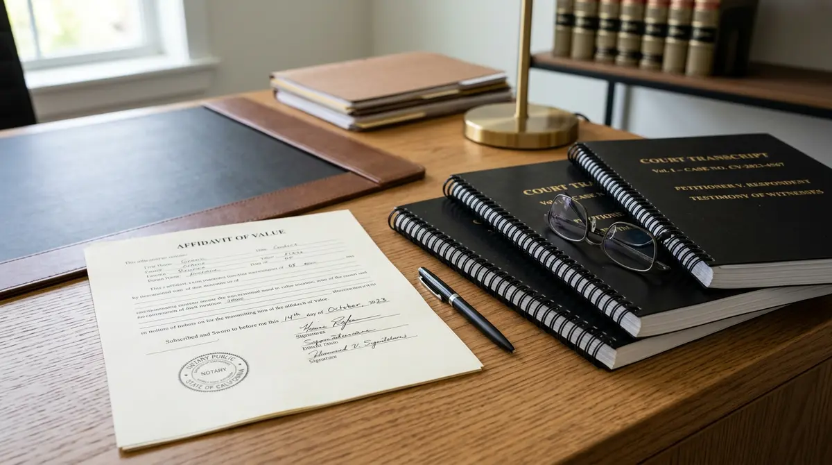 Close up of an Affidavit of Value and legal transcripts on a desk