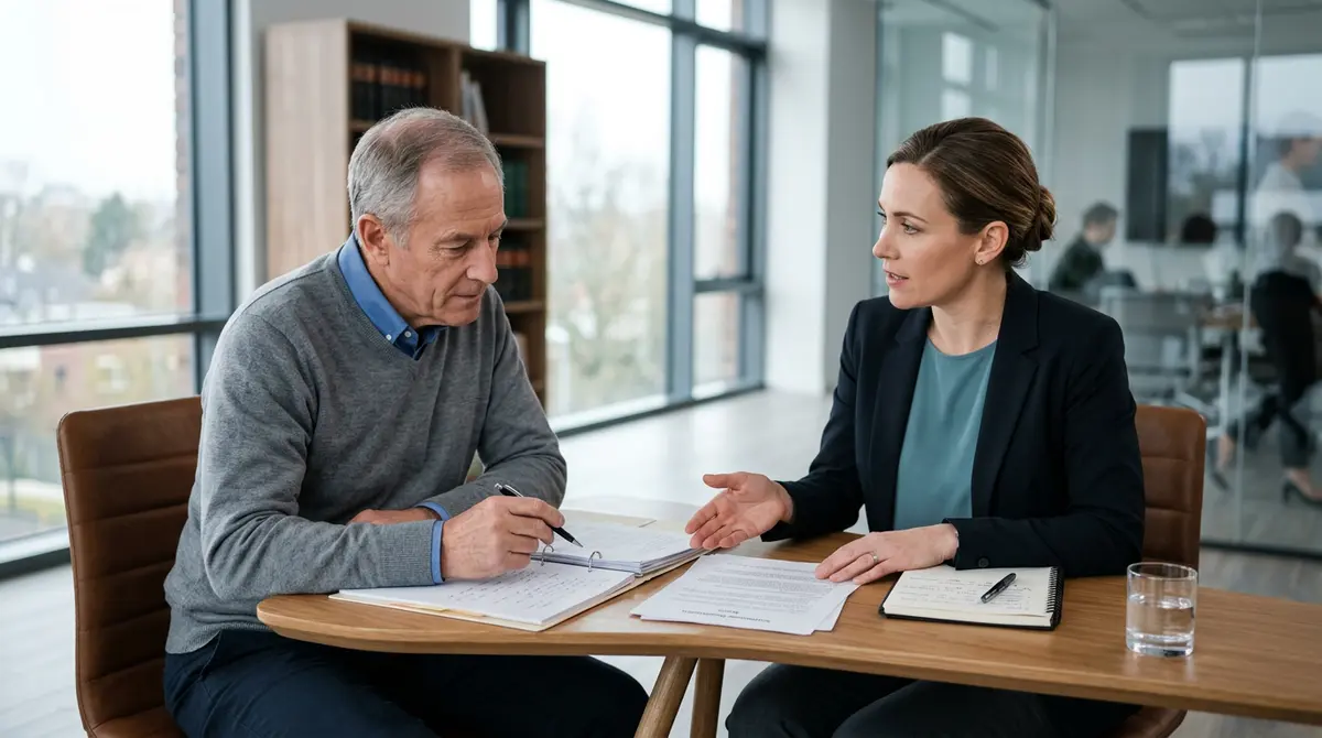 Homeowner and lawyer discussing settlement strategies after a questioning session