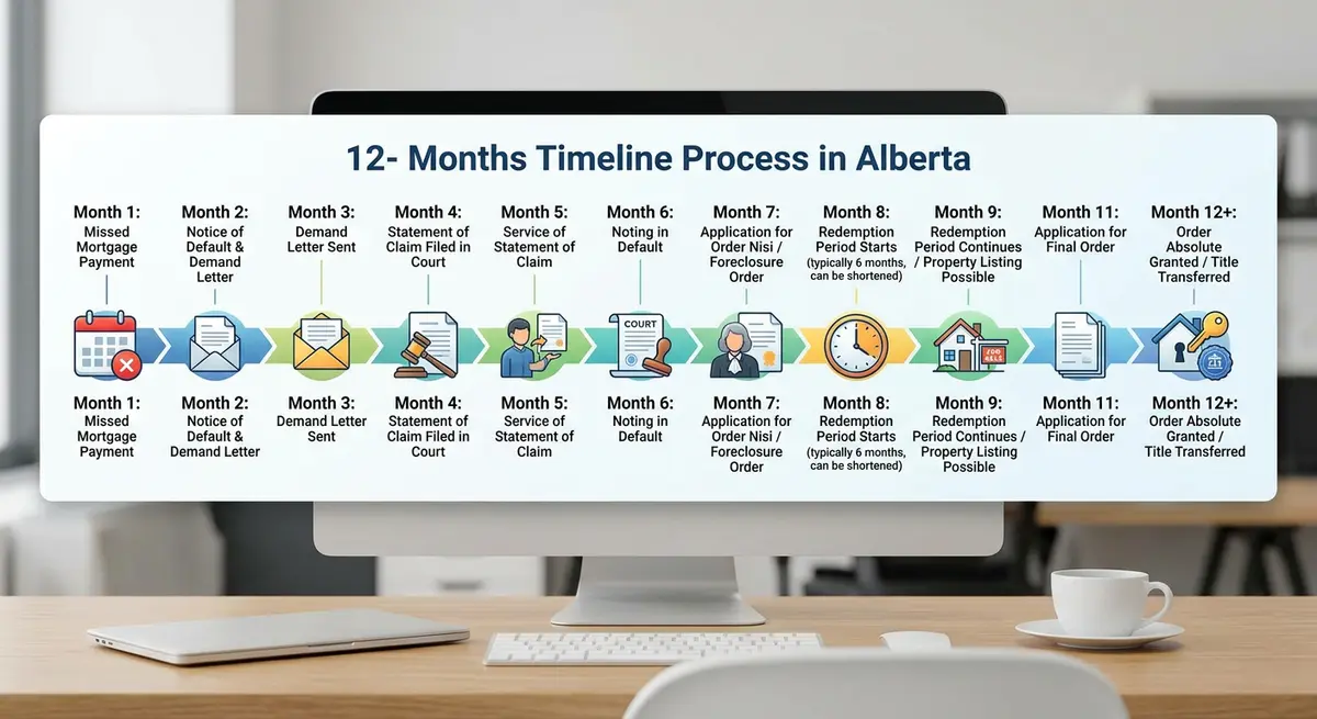 A detailed timeline chart showing the 12-month foreclosure process in Alberta from missed payment to Order Absolute