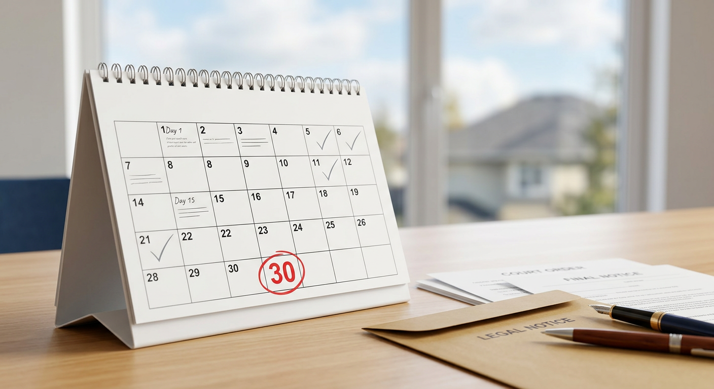 Calendar showing the 30-day eviction deadline after the final order of foreclosure timeline Calgary concludes