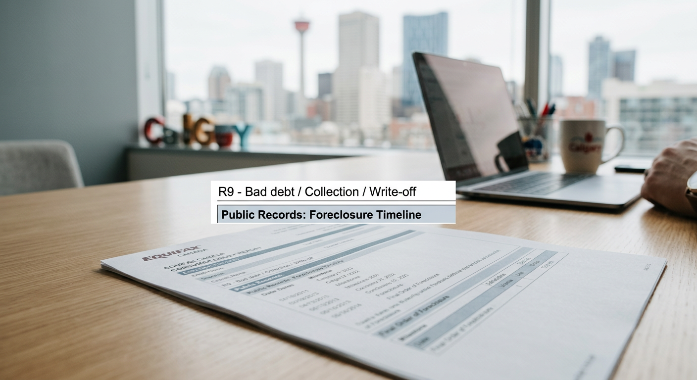 Credit report showing an R9 rating resulting from the final order of foreclosure timeline Calgary