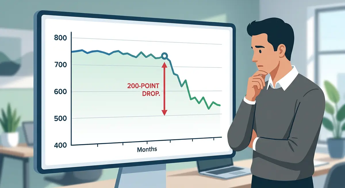 A graph illustrating a 200-point credit score drop following an R9 rating from an Order Absolute