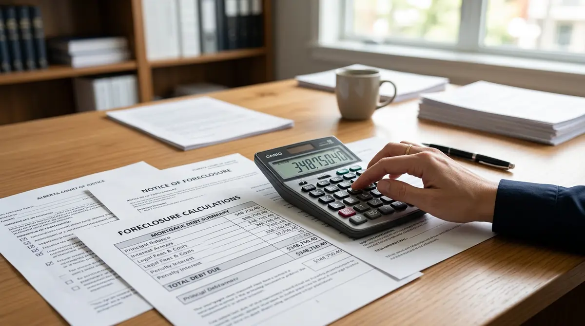 Calculator and legal documents showing the total debt calculation during an Alberta foreclosure