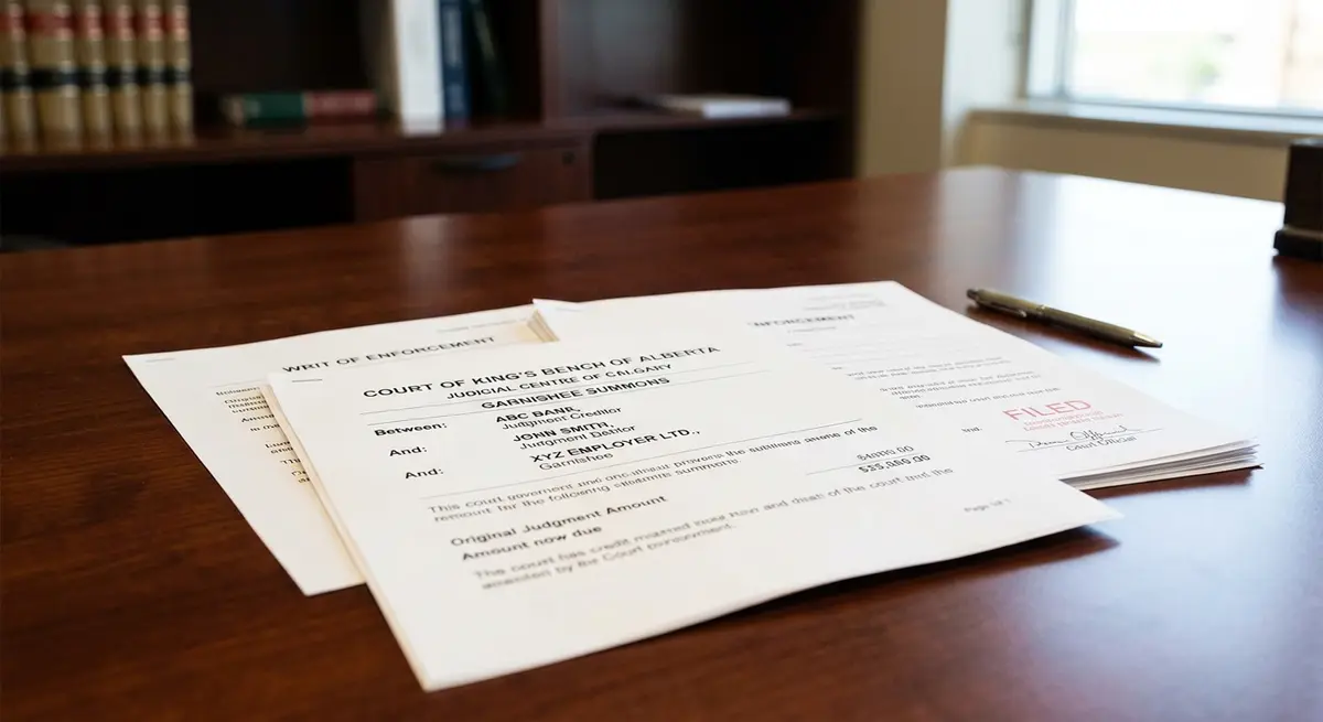 Legal documents showing a Garnishee Summons and Writ of Enforcement in an Alberta foreclosure case