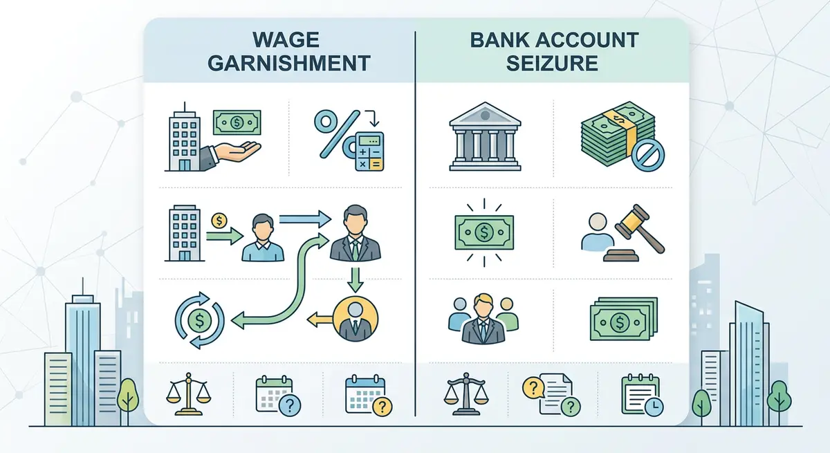 Comparison chart of wage garnishment versus bank account seizure rules in Calgary