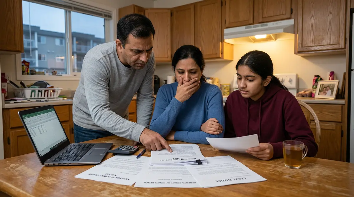 A worried newcomer family reviewing legal foreclosure documents at their kitchen table in Calgary