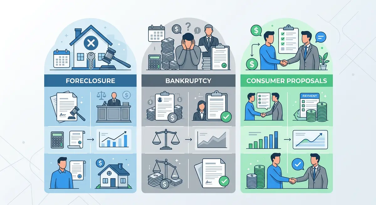 A comparison chart showing the legal differences between foreclosure, bankruptcy, and consumer proposals in Alberta