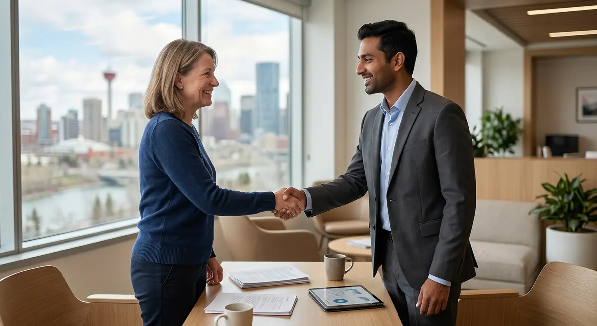 A relieved Calgary homeowner shaking hands with a financial advisor after securing alternative mortgage financing